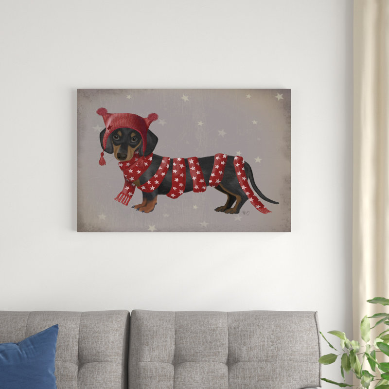«Dachshund And Long Scarf» par Fab Funky - impression sur toile tendue, H 24 po x l 36 po