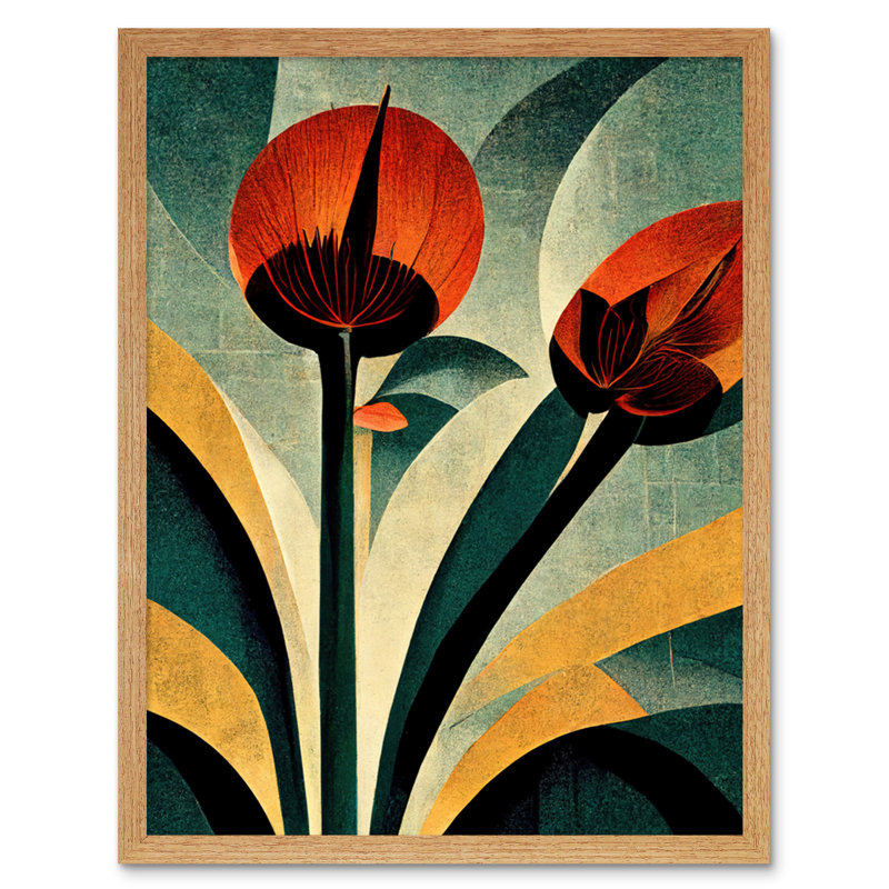 Single Art Deco Flower Artwork - Print, Light Brown Framed Paper, 25.9cm H x 20.6cm W