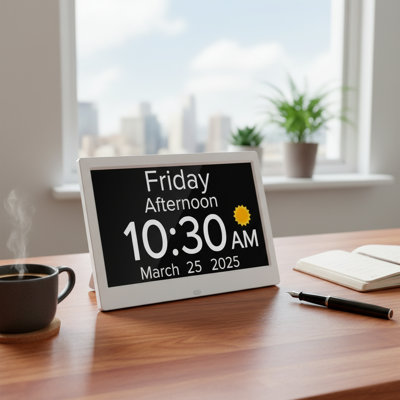Large White Digital Alarm Clock, With Date & Day Display, Voice Time Report, For Dementia Patients
