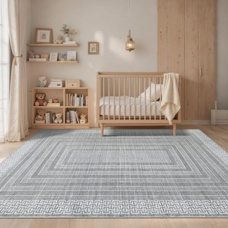 Modern Machien Washable Rugs for Living Room Ultra-Soft Geometric Bordered Indoor Rug, Non Shedding Low Pile Bedroom Carpet, Contemporary Floor Mats for Nursery