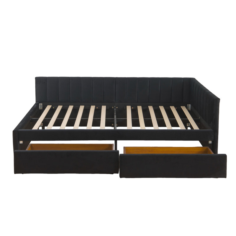 L Shaped Headboard Velvet Daybed Frame With Storage Drawers For Living Room Guest Room