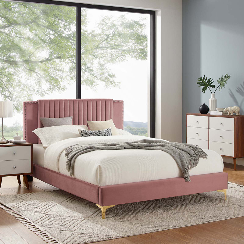 Modway Zahra Channel Tufted Performance Velvet Platform Bed, Dusty Rose, Twin