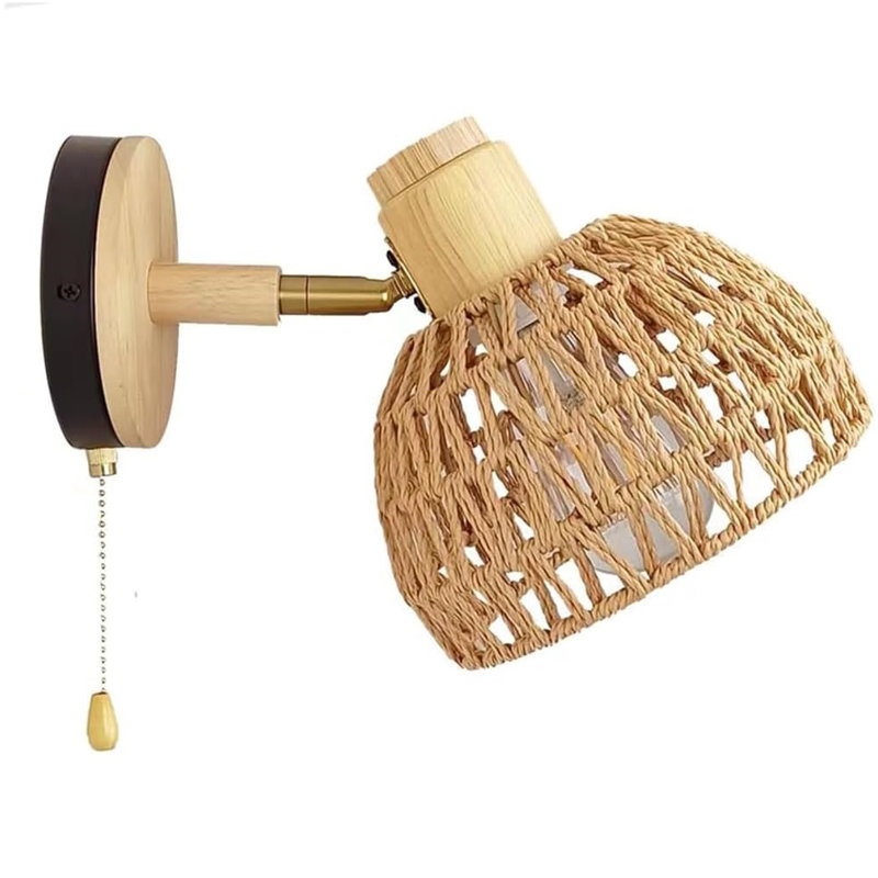 Rattan Wall Sconce Light with Pull Chain Switch