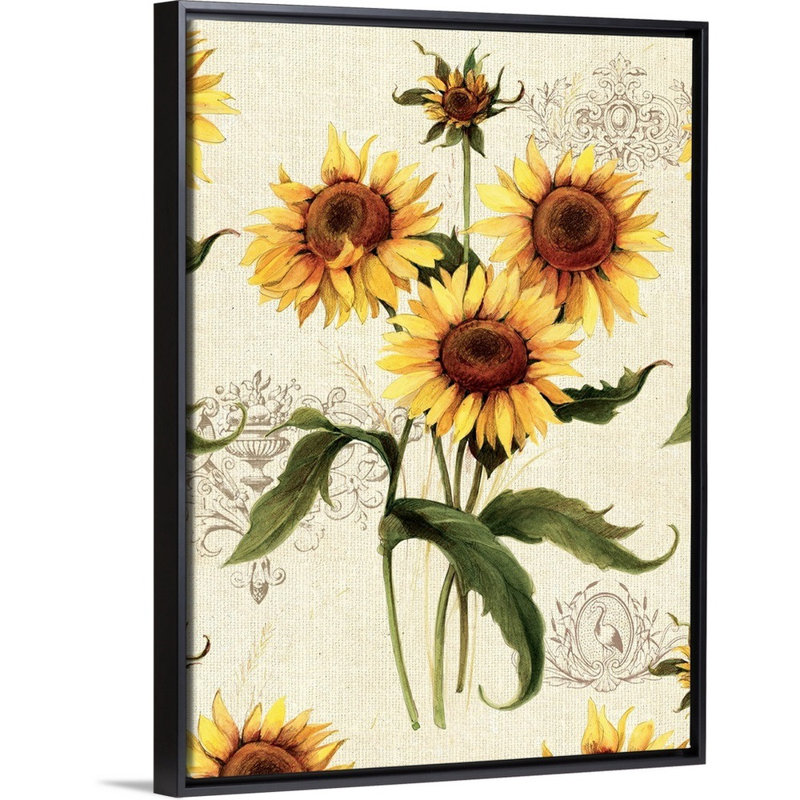 Art mural de tournesols botaniques, H 30 po x l 40 po x P 1,75 po, Cadre noir