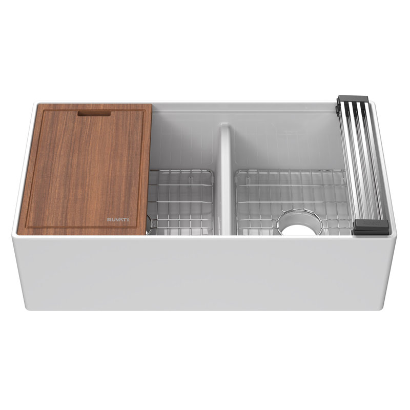Ruvati 33 inch Fireclay Workstation White Farmhouse Kitchen Sink Apron Front Double Bowl