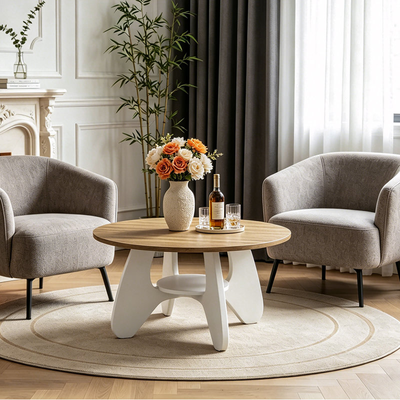 31.5" Circle Coffee Table for Living Room, 2-Tier Wood Accent Center Table with Open Storage, Oak/White