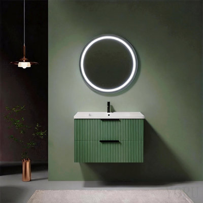 30 Inch Bathroom Vanity Cabinet With Ceramic Sink - Green Wall Mounted Floating Fluted Vanity With Drawers, Modern