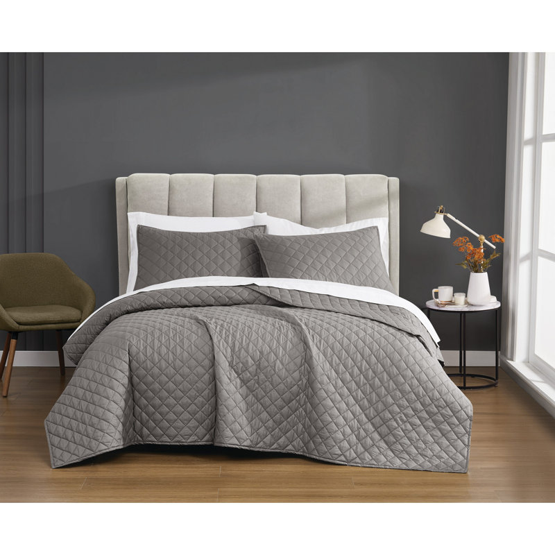 Ensemble de courtepointe en coton, Courtepointe pour simple TG + 1 taie décorative s, Gris