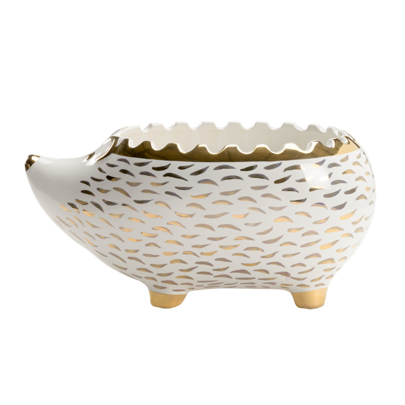 Hedgehog Ceramic Planter, White/Gold