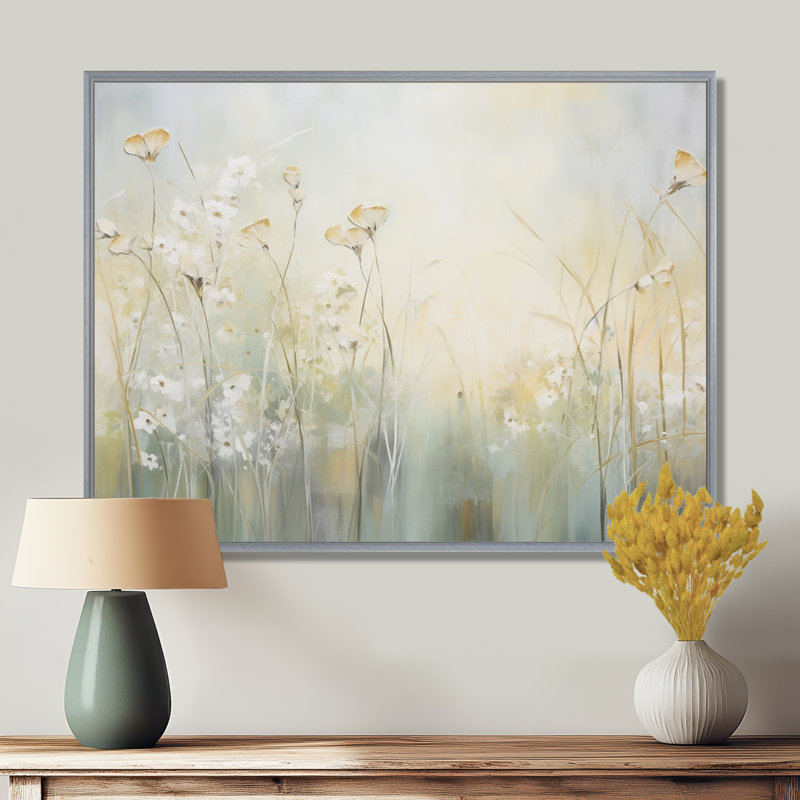 «Green Beige Serene Meadows I», reproduction d'art sur toile, H 24 po x l 32 po x P 1 po, Encadrement argenté