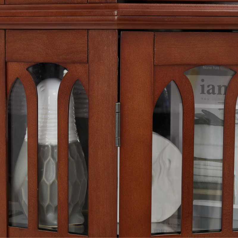 Vitrine d'angle en verre et verre avec 4 tablettes réglables, pieds en bois massif, finition noyer, Noyer