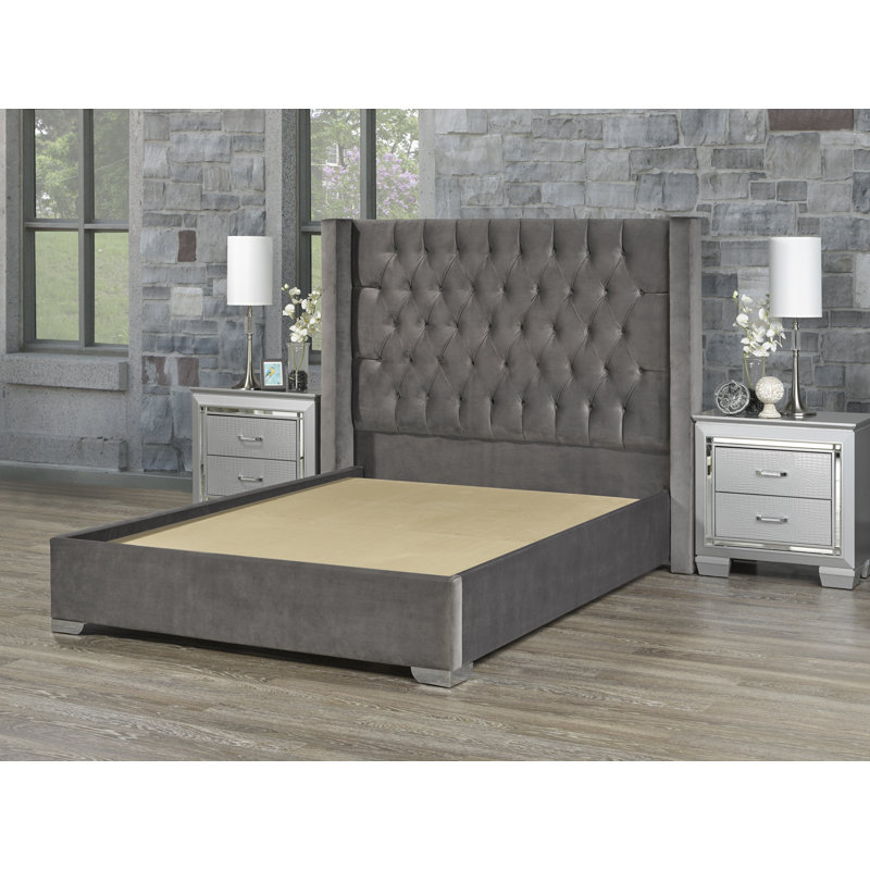 Lit plateforme tapissier Kona, Gris, Double