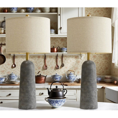 Modern Travertine Style Table Lamp Set With Linen Shade, Natural Stone Look Resin Base For Bedroom Nightstand, Living Room, Entryway