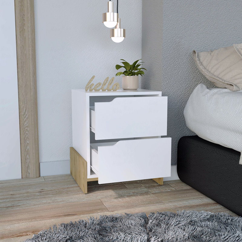 Table de chevet, table de chevet avec 2 tiroirs, Blanc/naturel
