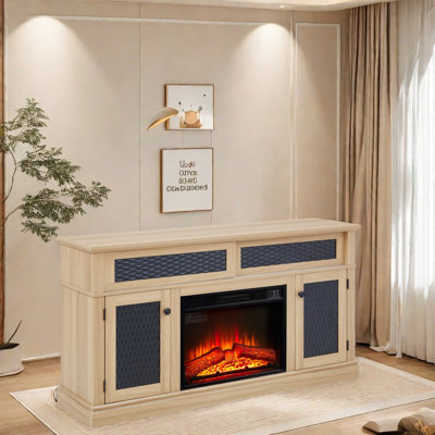 Meuble télé électrique pour foyer avec console de rangement spacieuse, conception rustique en relief, télécommande, gestion des câbles et tablettes réglables pour le salon