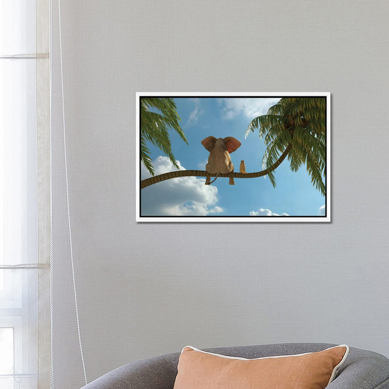 Elephant And Dog Sit On A Palm Tree by Mike Kiev - Print on Canvas, 66.04 cm H x 45.72 cm W, White Framed