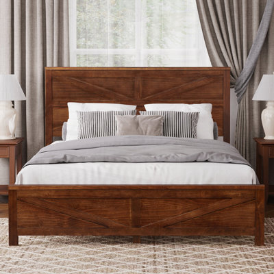 Tête de lit et pied de lit de style campagnard avec porte de grange, lit en bois de pin avec cadre de lit renforcé