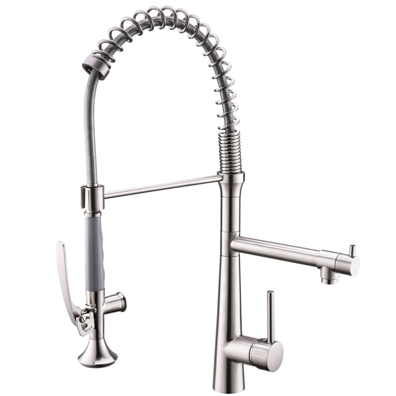 Spot Brushed Nickel Kitchen Faucet With Commercial Style And Pre-Rinse Spring High Arc Single Handle Ceramic Disk Filler In Finish