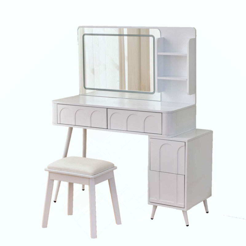 Modern Makeup Vanity Desk With LED Lights & Mirror, 4 Drawer Dressing Table Set With Stool, 3 Colors Dimmable Brightness, Space-Saving For Bedroom