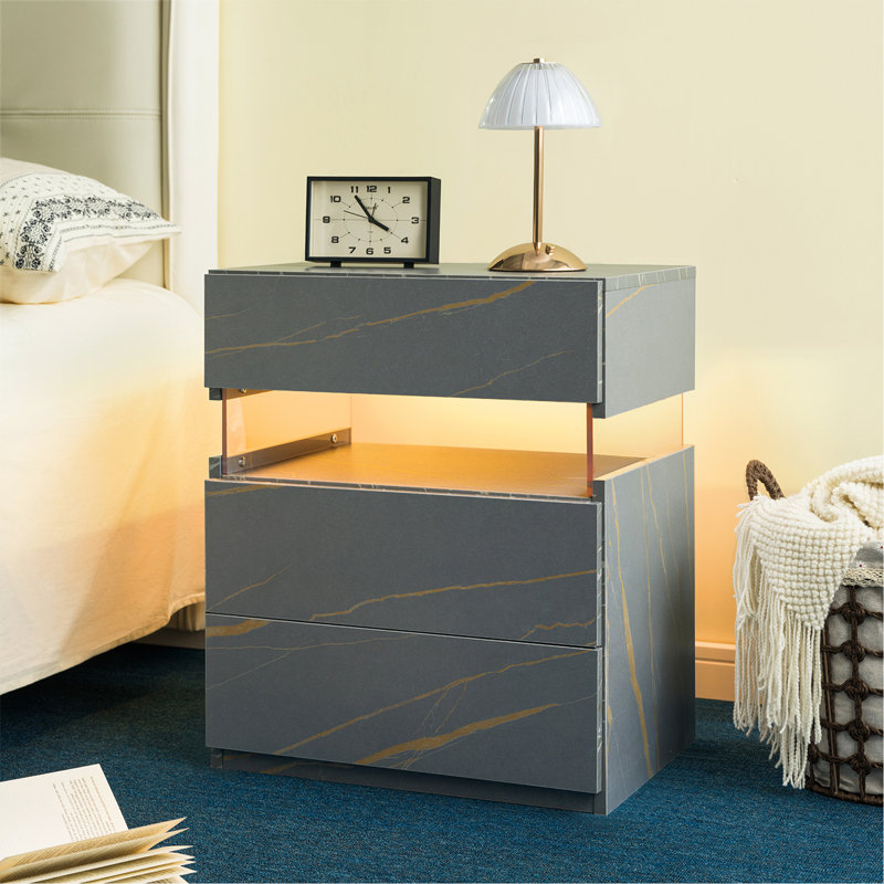 Commode 3 tiroirs à DEL pour tables de bout avec tables en acrylique et tables de chevet à DEL, Gris/doré