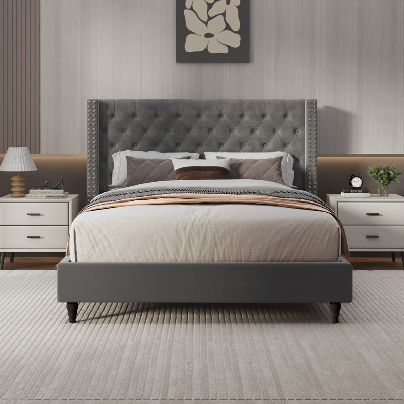 Elegant Upholstered Platform Bed with Wingback Design and Tufted Headboard, Queen