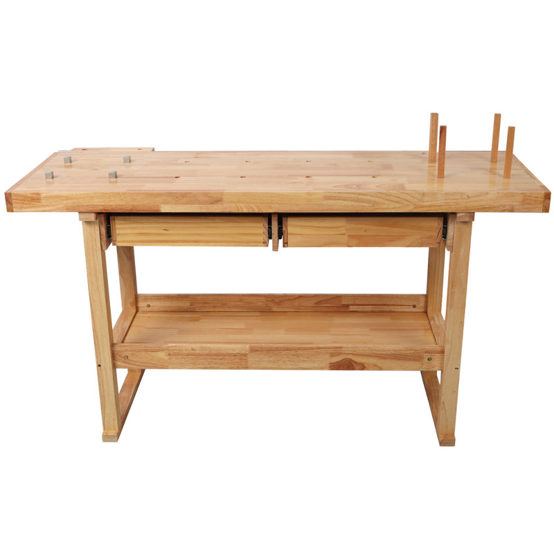Établi professionnel 60 po en bois d'hévéa massif avec 2 tiroirs, tablette ouverte, finition naturelle pour garage, atelier de menuiserie et utilisation domestique