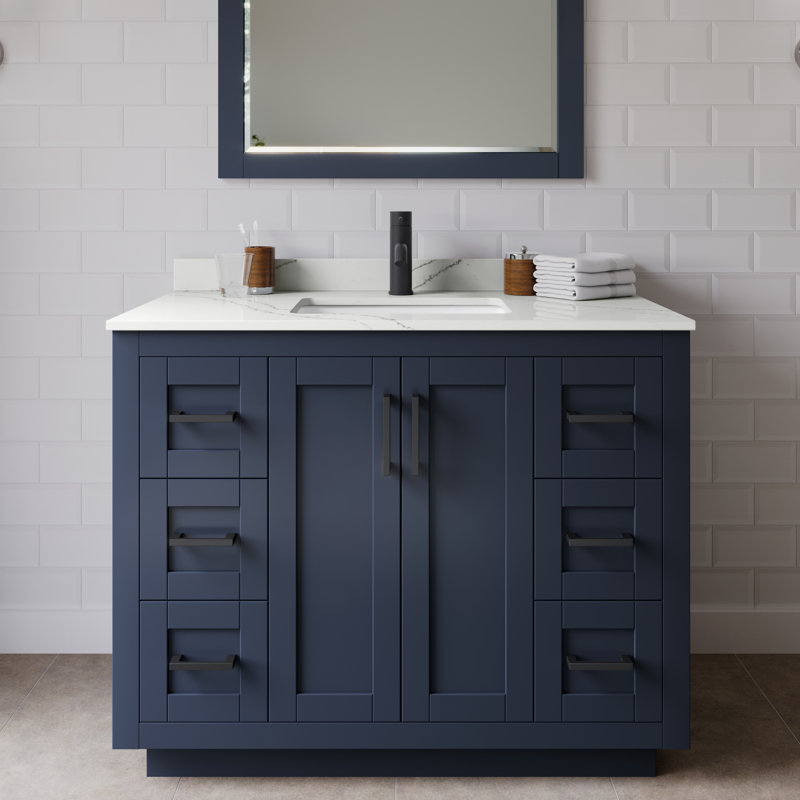 Miranda 42" Freestanding Single Bathroom Vanity with Quartz Top with 34" Mirror, Dark Blue, Giotto Quartz, Matte Black