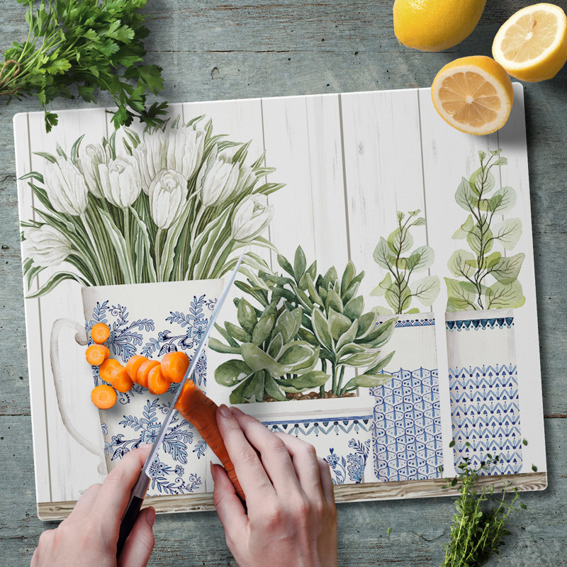Blue & White Floral Tempered Glass Cutting Board 15" x 12"