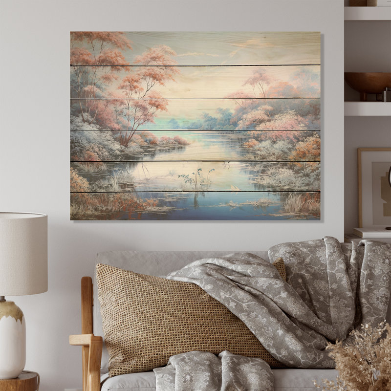 Lakes Rivers Charm Liquid Art Landscape I - Lake River Wood Wall Art On Natural Pine Wood, 10" H x 20" W