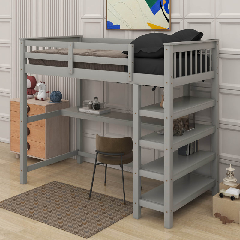 Lit mezzanine simple avec tablettes de rangement et bureau, Lit simple, Gris