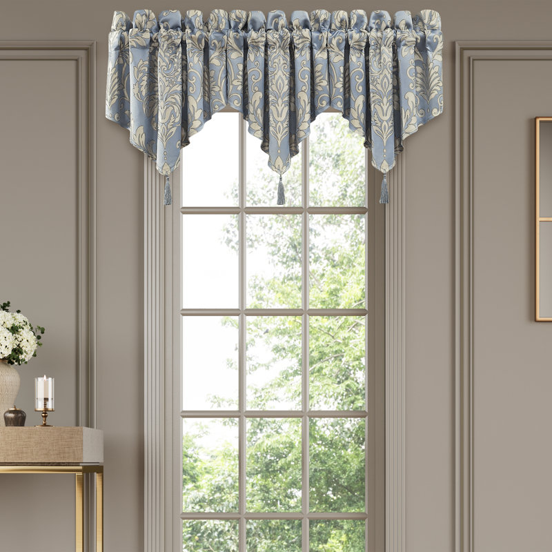 Elegant Blue and Cream Damask Window Scarf with Tassel Trim