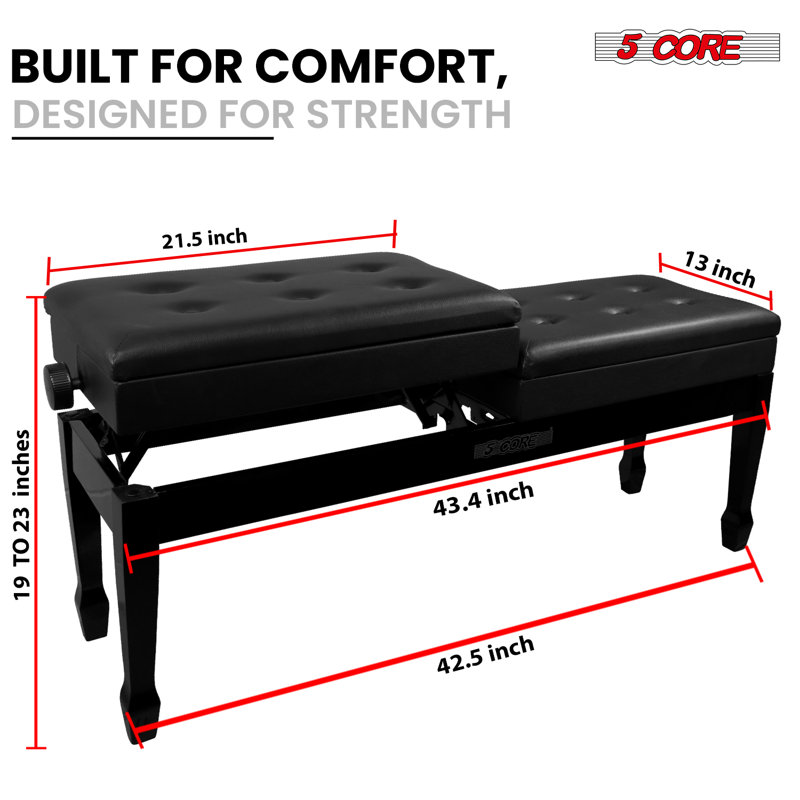 5 Core Duet Piano Bench 3.5 Inch Padded Cushioned Stool Wooden Heavy Duty Musician Chair w Storage, Black