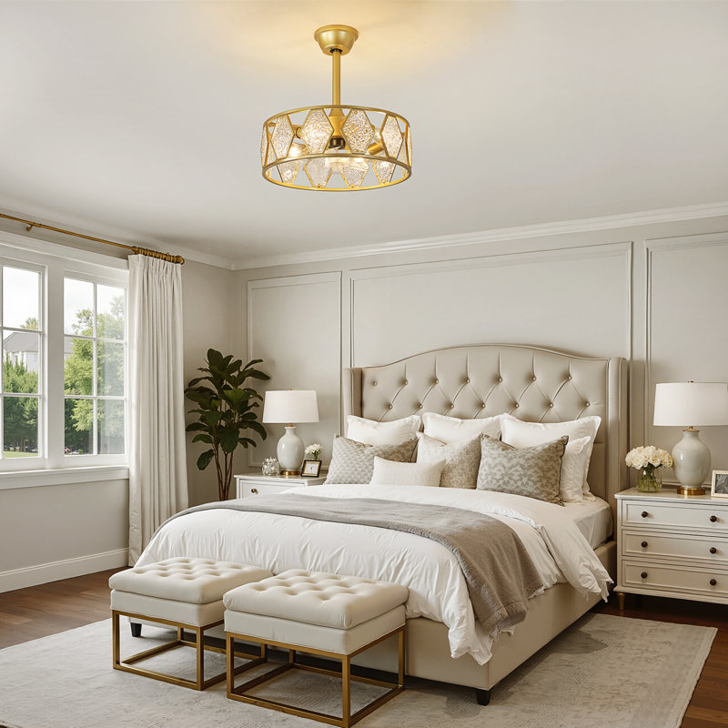 19" Modern Ceiling Fan With Light Kit And Remote Control 6 Speeds Timer For Bedroom, Brushed Gold