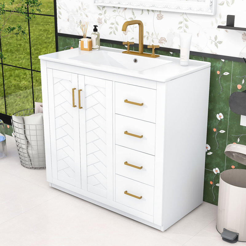 Meuble-lavabo autoportant avec lavabo en céramique, 3 tiroirs et armoire de rangement, Blanc, 36.6"