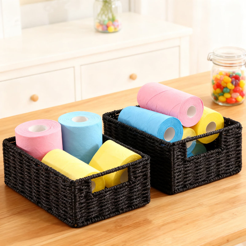 Hand-Woven Paper Rope Storage Basket Set Of 2, Collapsible Wicker Organizer Bins With Handles For Toilet Paper, Towels, And Household Essentials