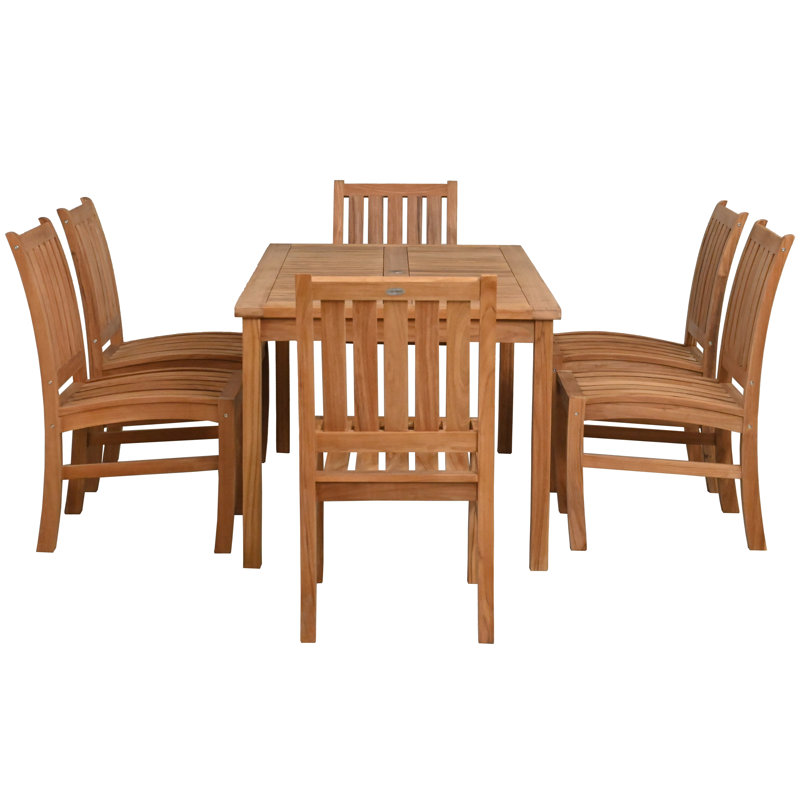 7 Piece Teak Wood Outdoor Patio Bistro Dining Set Including Rectangular Table With 6 Abaco Side Chairs
