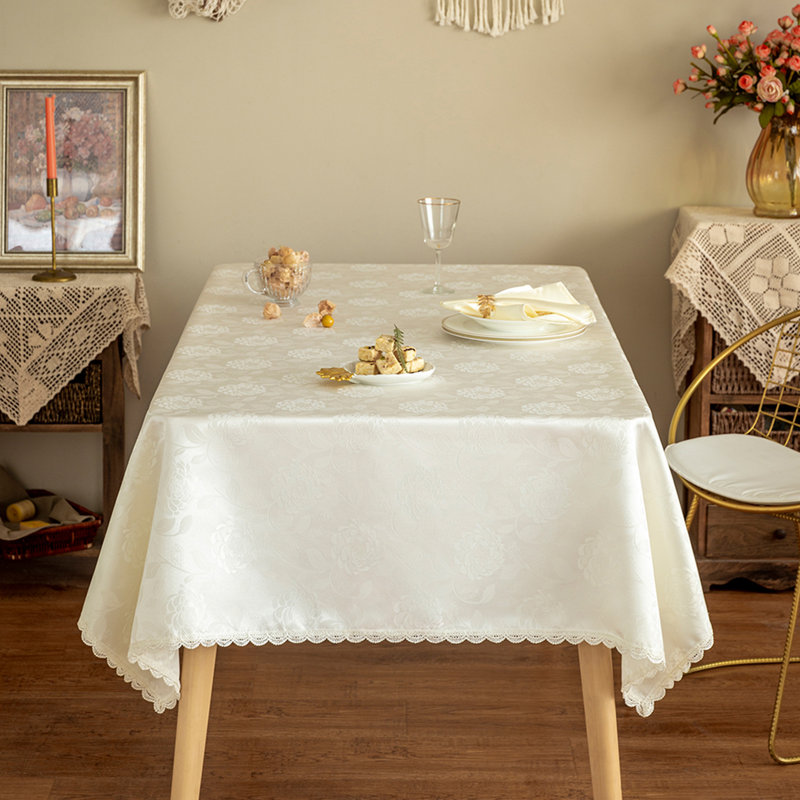Rosdorf Park Textured Tablecloth Waterproof Spillproof Lace Trim Rectangle Jacquard Fabric Table Cloth, Kitchen Dinning Tabletop Decoration, Round Table Cover For Outdoor Use,Ivory White