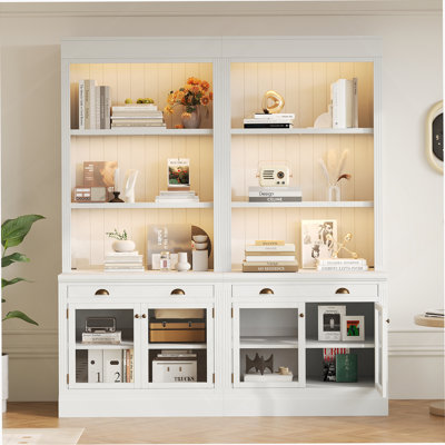 83.4"Tall Bookshelf Suite With LED Lighting, Modern Bookcases With Glass Doors And Drawers,2-Piece Set Storage Bookcase Suite With Open Shelves For Living Room,Home Office,White