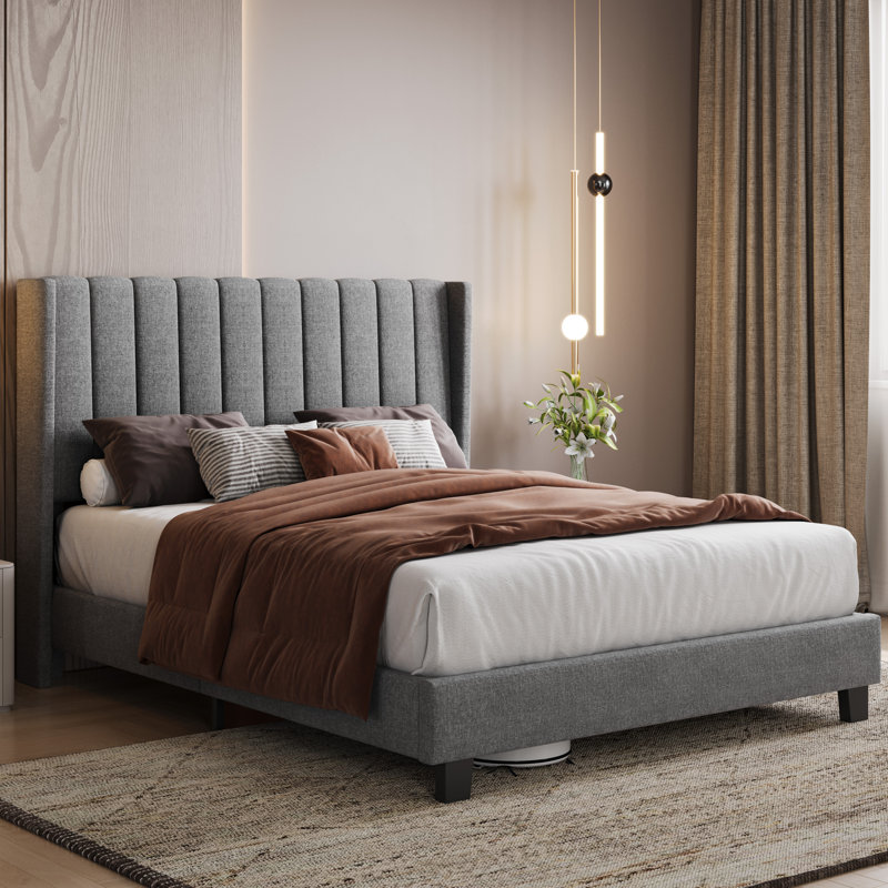 Upholstered Bed Frame with Channel Tufted Headboard, Kingsize (5'), Light Grey