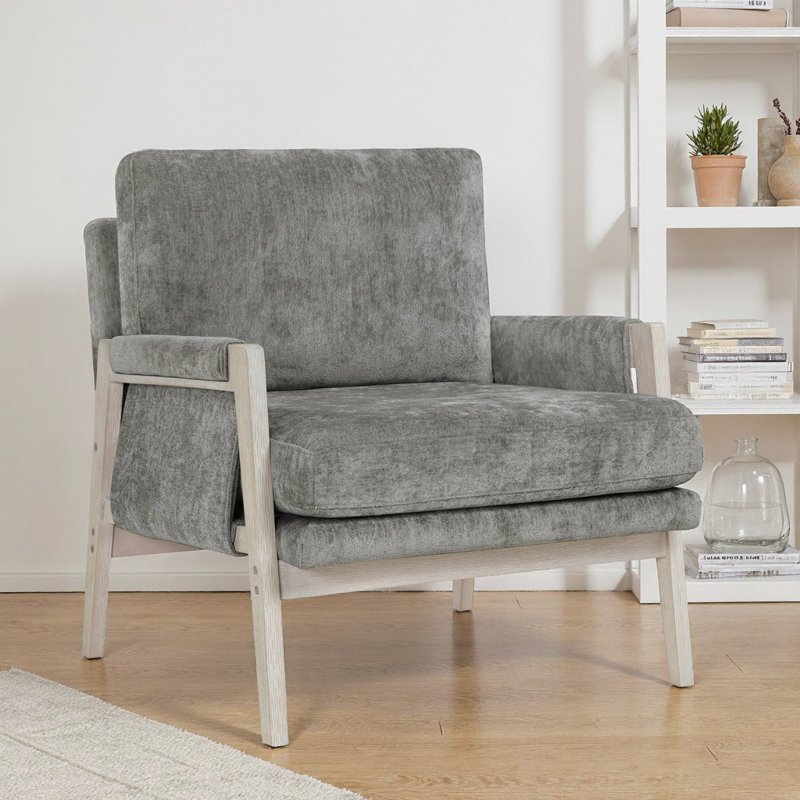 Chaise d'appoint moderne en chenille gris brunâtre avec structure en bois massif