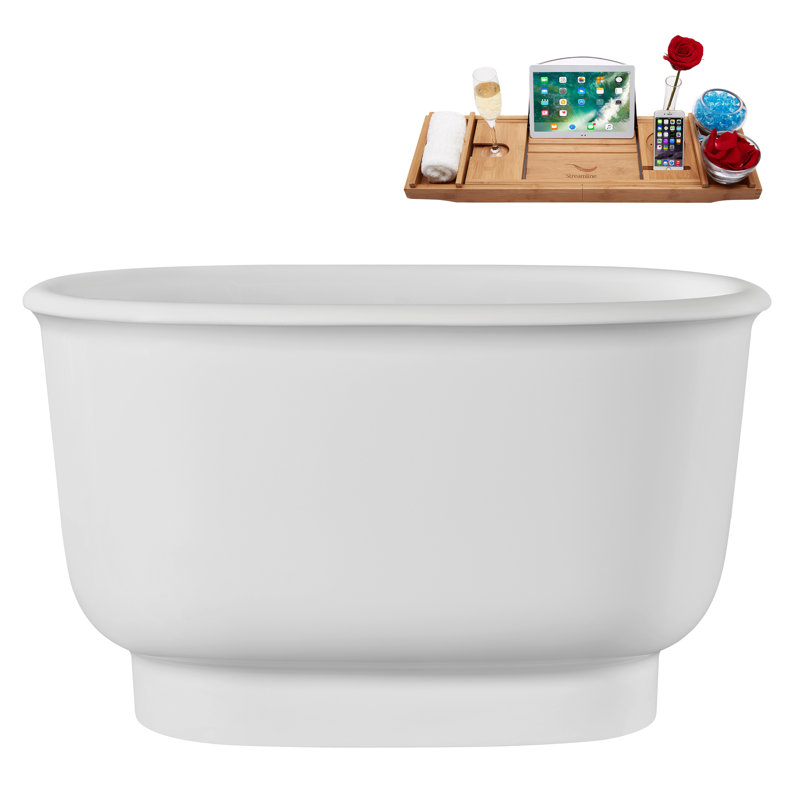 47" Streamline Soaking Acrylic Freestanding Bathtub, Bamboo Tray, Drain, Brushed Brass