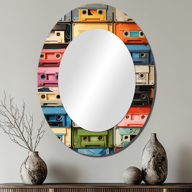 Popart Cassette Tapes X - Multi-Color Oval Wall Mirror Decor, 40" x 30"