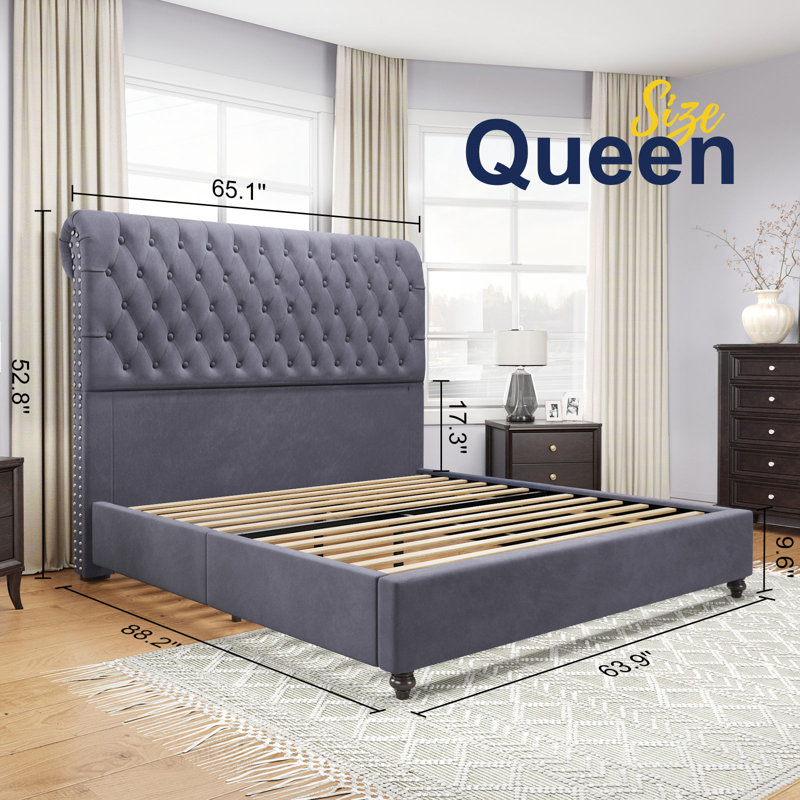 Alhaji Upholstered Wingback Bed, Queen, Silver Gray