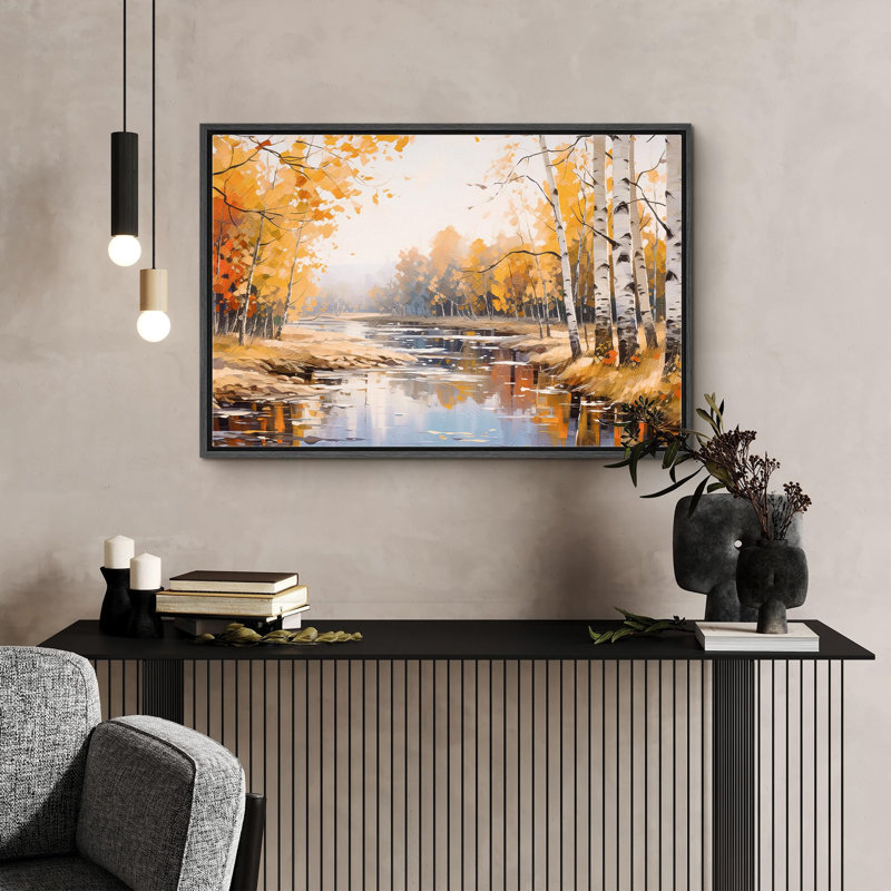 Forêt, rivière, automne, nature, désert, réalisme, décor, paysage, bois, décor, calme, Cadre flottant noir, H 24 po x l 36 po