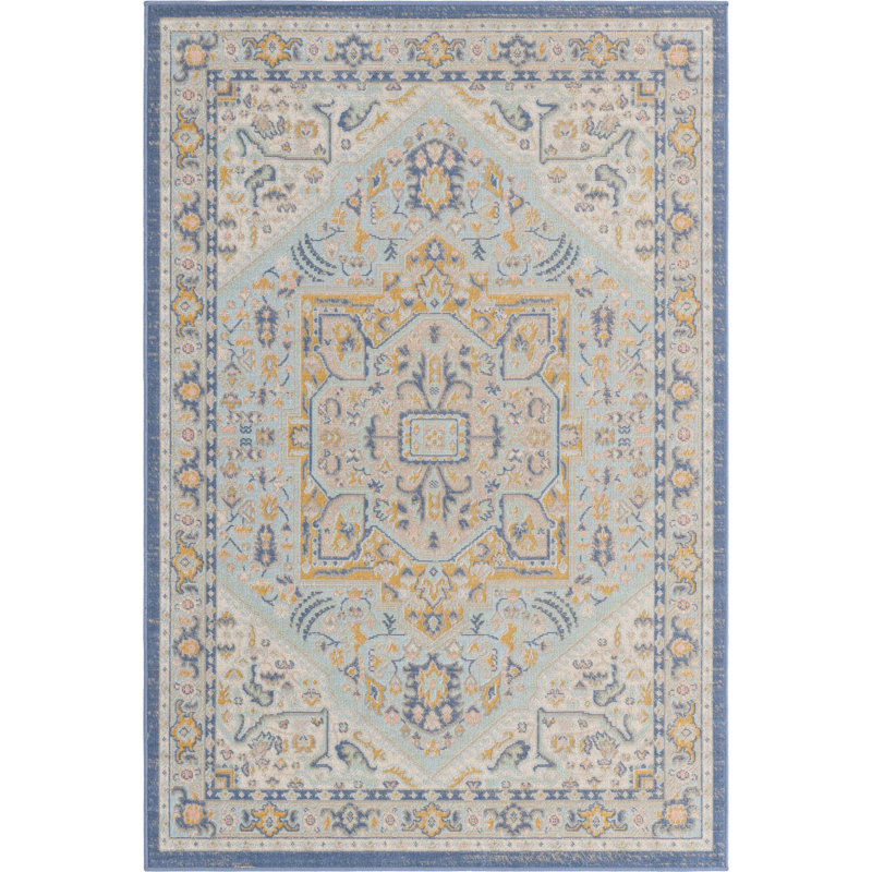 Tapis traditionnel Matthei bleu clair / ivoire / gris, Rectangle 4 pi x 6 pi