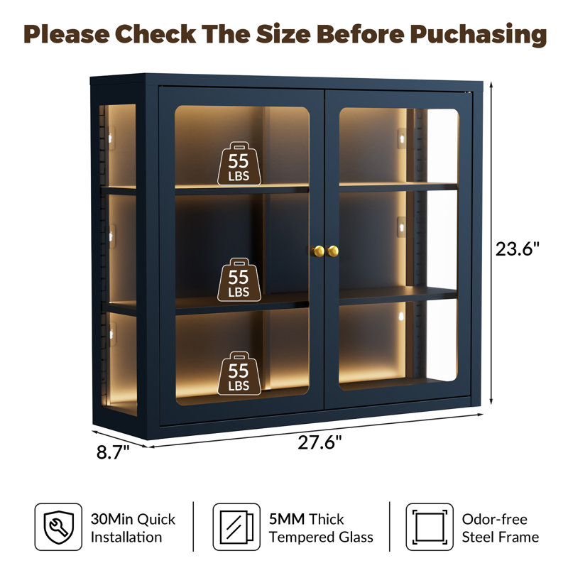 Wall-Mounted 3-Sided Glass Display Metal Cabinet With Double Doors, Blue