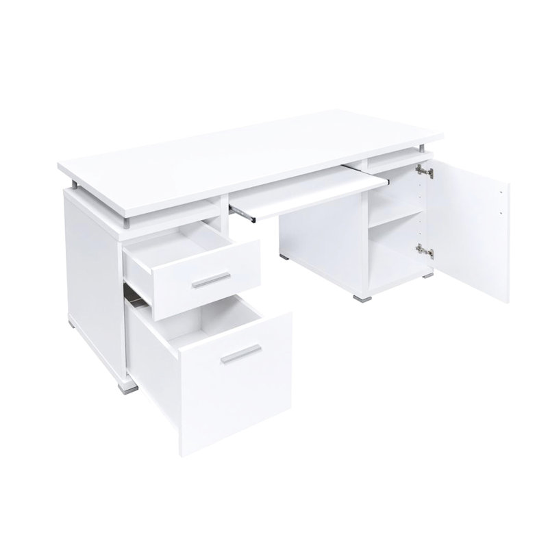 Table d'ordinateur de bureau 55 po avec 2 tiroirs, finition blanche, ornements en métal, garniture de 55 po de rangement abondante, nombreuses options offertes