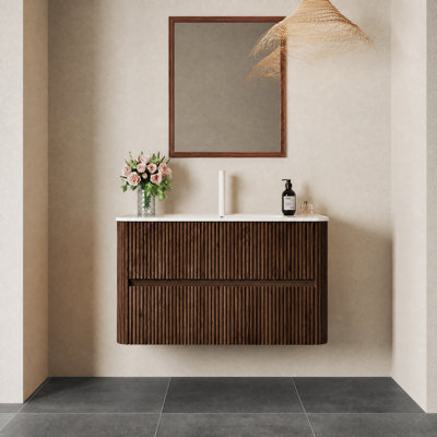 36''Bathroom Vanity with Sink, Wall-Mounted Floating Plywood Striped Bathroom Storage Cabinet with 2 Drawers, White Rectangle Ceramic Basin, NO Faucet, Pre-assembled