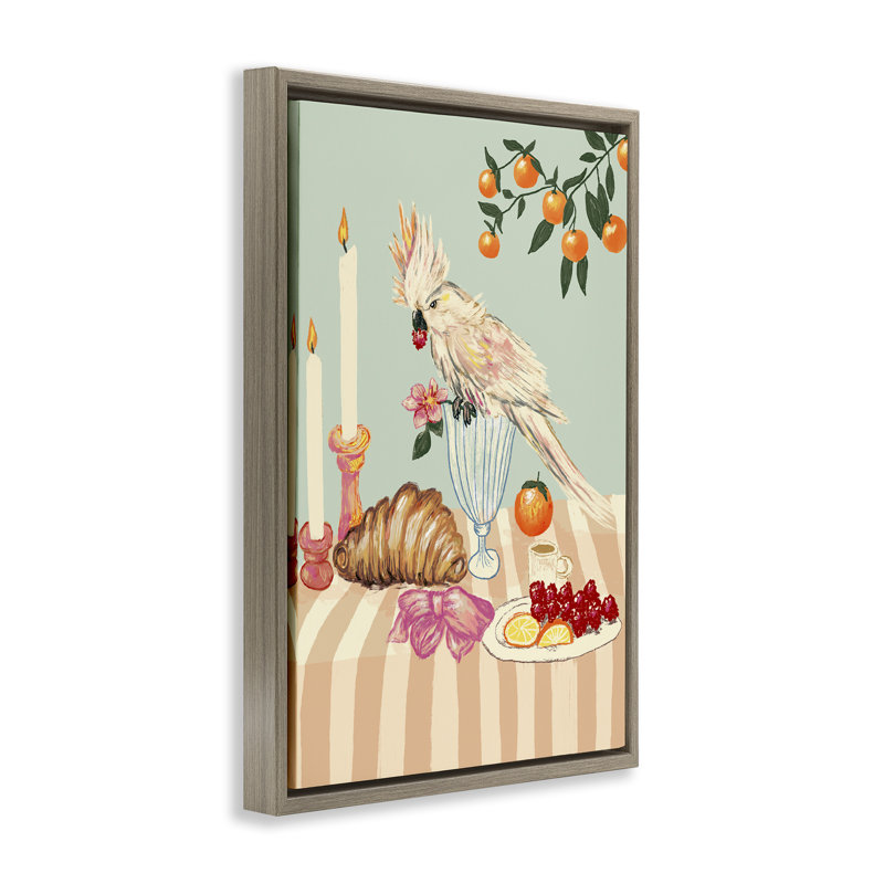 Petit déjeuner avec cadre flottant oiseau Cockatiel, design par Florentina Dolci, H 31 po x l 21 po