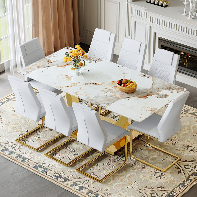 71" Modern Dining Table Set With PU Leather Chairs, Rectangular Table With Gold Metal Base For Dining Room Or Kitchen, White